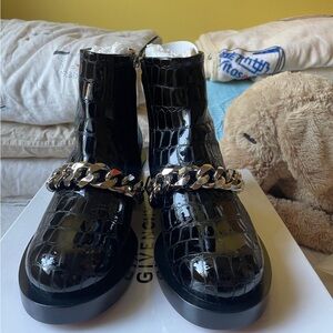 Givenchy Black Patent Croc-Embossed Chelsea Boots with Chunky Silver Chain